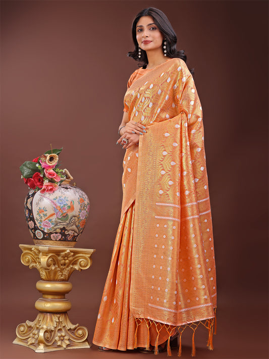 Astita Elegant Peach Linen Saree with Silver Zari Butta & Pallu – Daily Wear | Festive Look | Soft Feel