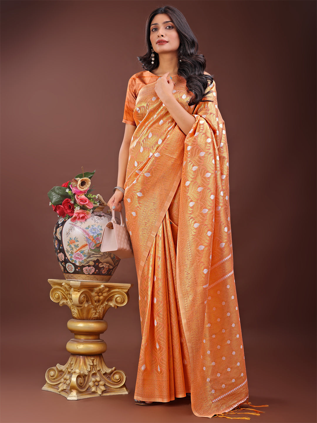 Astita Elegant Peach Linen Saree with Silver Zari Butta & Pallu โ Daily Wear | Festive Look | Soft Feel