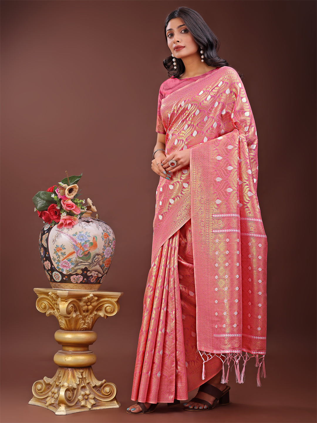Astita Elegant Pink Linen Saree with Silver Zari Butta & Pallu โ Daily Wear | Festive Look | Soft Feel