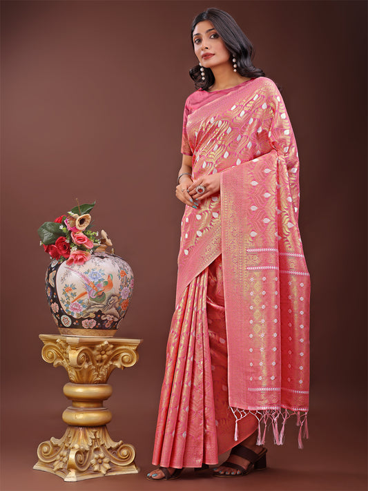 Astita Elegant Pink Linen Saree with Silver Zari Butta & Pallu – Daily Wear | Festive Look | Soft Feel