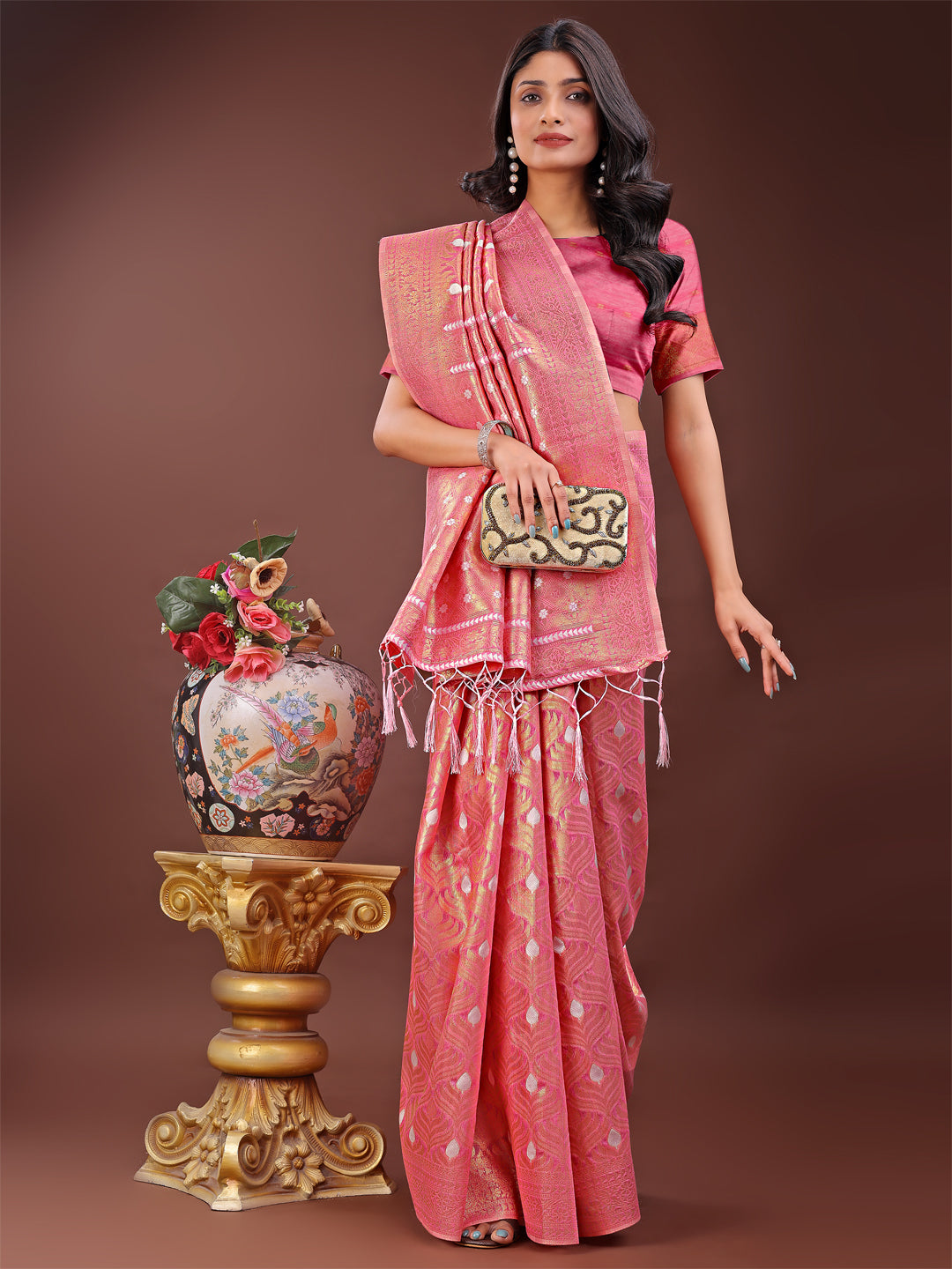 Astita Elegant Pink Linen Saree with Silver Zari Butta & Pallu โ Daily Wear | Festive Look | Soft Feel