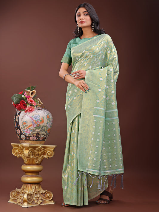 Astita Elegant Teal Linen Saree with Silver Zari Butta & Pallu – Daily Wear | Festive Look | Soft Feel