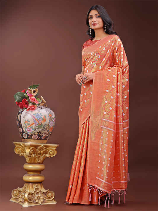 Astita Elegant Orange Linen Saree with Silver Zari Butta & Pallu – Daily Wear | Festive Look | Soft Feel