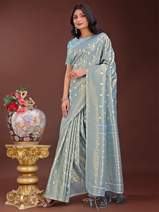 Astita Elegant Sky Blue Linen Saree with Silver Zari Butta & Pallu – Daily Wear | Festive Look | Soft Feel