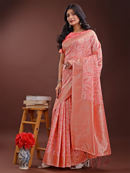 Astita Peach Pink Linen Cotton Saree with Golden Zari Leaf Design & Elegant Pallu – Festive | Office | Daily Wear