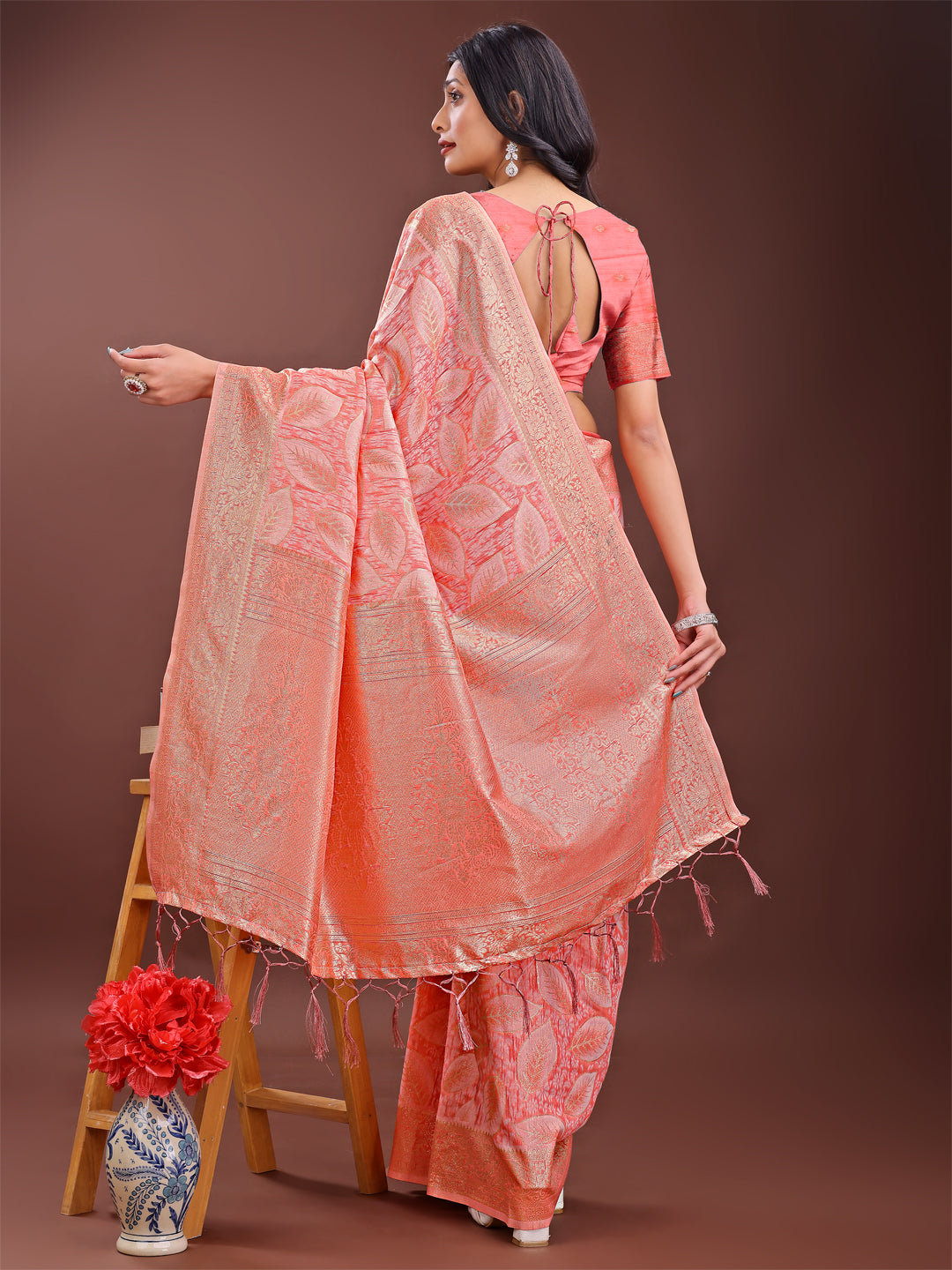 Astita Peach Pink Linen Cotton Saree with Golden Zari Leaf Design & Elegant Pallu β Festive | Office | Daily Wear