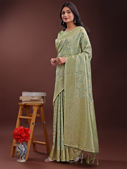 Astita Light Green Linen Cotton Saree with Golden Zari Leaf Design & Elegant Pallu – Festive | Office | Daily Wear