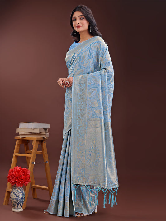 Astita Sky Blue Linen Cotton Saree with Golden Zari Leaf Design & Elegant Pallu – Festive | Office | Daily Wear