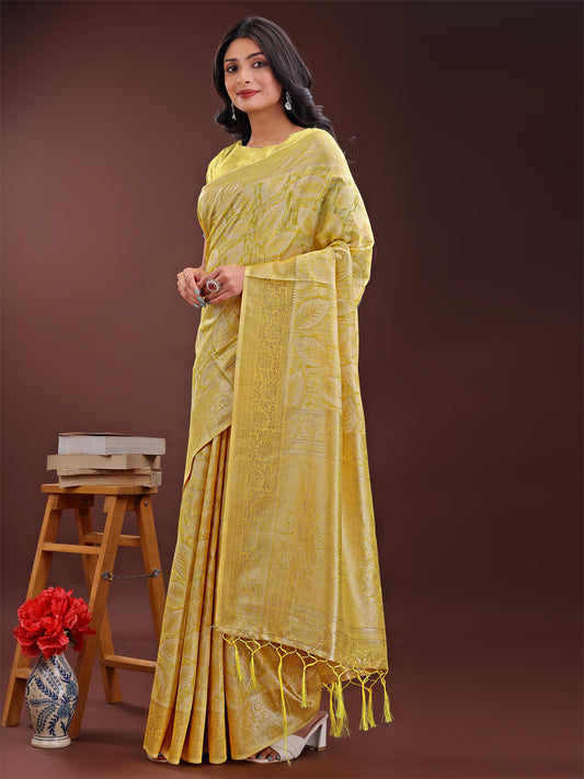 Astita Yellow Linen Cotton Saree with Golden Zari Leaf Design & Elegant Pallu – Festive | Office | Daily Wear