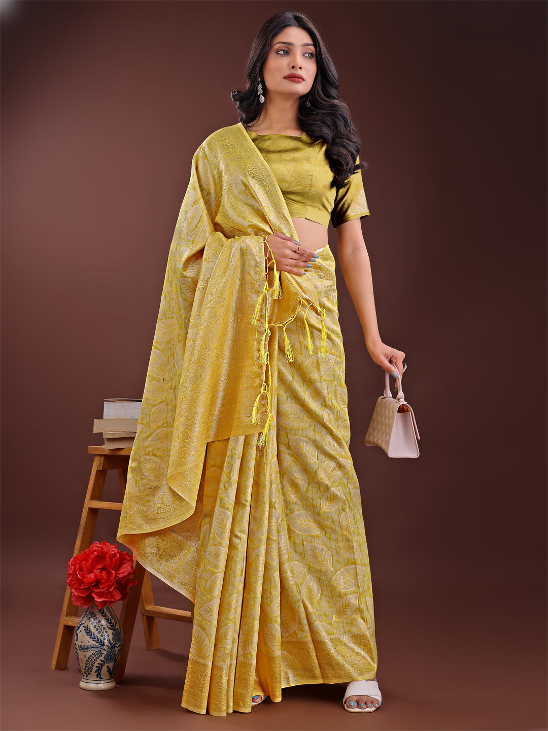 Astita Yellow Linen Cotton Saree with Golden Zari Leaf Design & Elegant Pallu β Festive | Office | Daily Wear