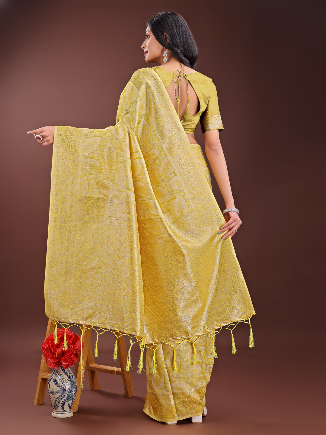 Astita Yellow Linen Cotton Saree with Golden Zari Leaf Design & Elegant Pallu β Festive | Office | Daily Wear