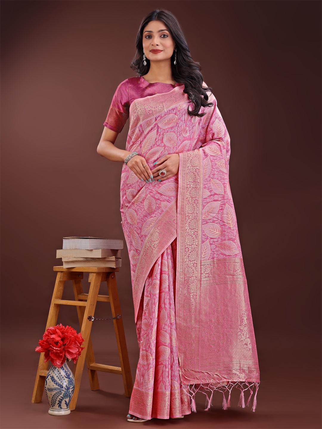 Astita Pink Linen Cotton Saree with Golden Zari Leaf Design & Elegant Pallu β Festive | Office | Daily Wear