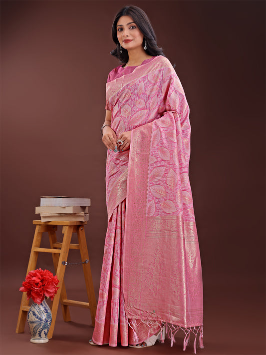 Astita Pink Linen Cotton Saree with Golden Zari Leaf Design & Elegant Pallu – Festive | Office | Daily Wear