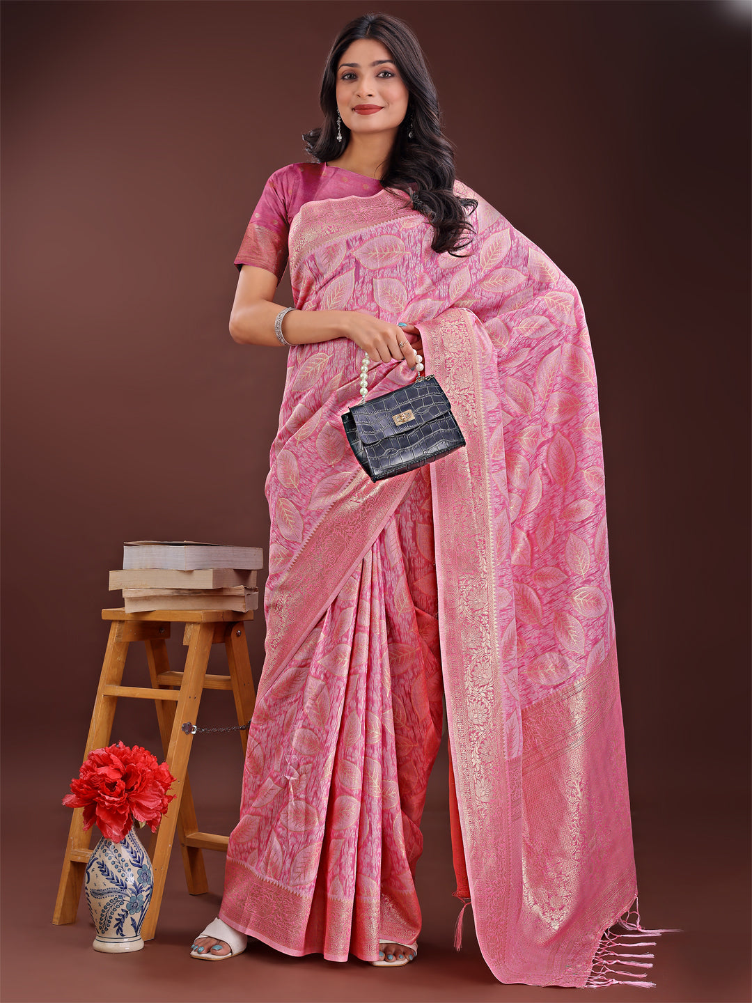 Astita Pink Linen Cotton Saree with Golden Zari Leaf Design & Elegant Pallu β Festive | Office | Daily Wear