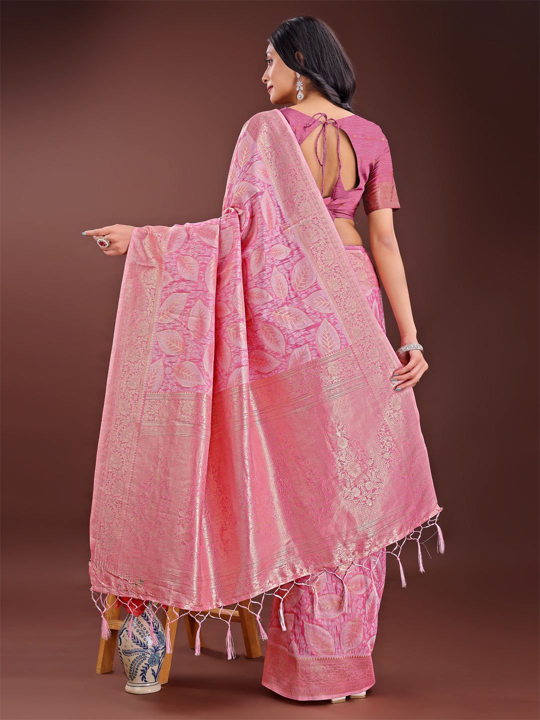 Astita Pink Linen Cotton Saree with Golden Zari Leaf Design & Elegant Pallu β Festive | Office | Daily Wear