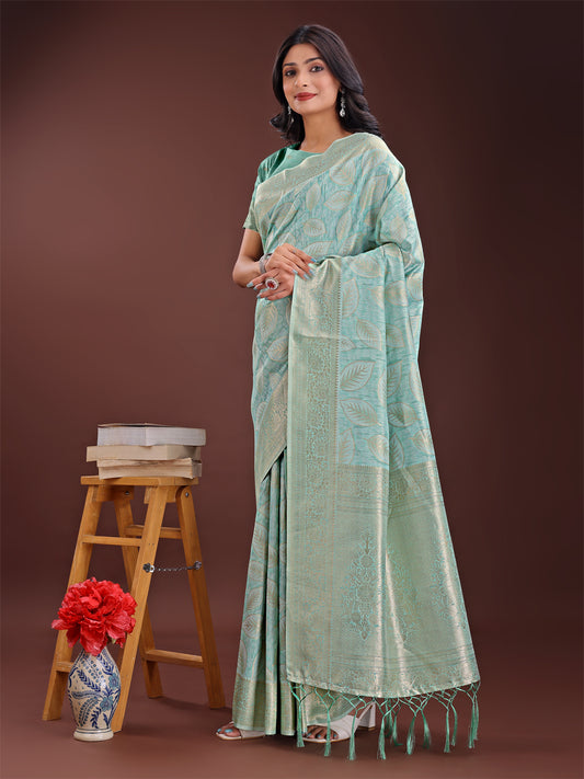 Astita Sea Green Linen Cotton Saree with Golden Zari Leaf Design & Elegant Pallu – Festive | Office | Daily Wear