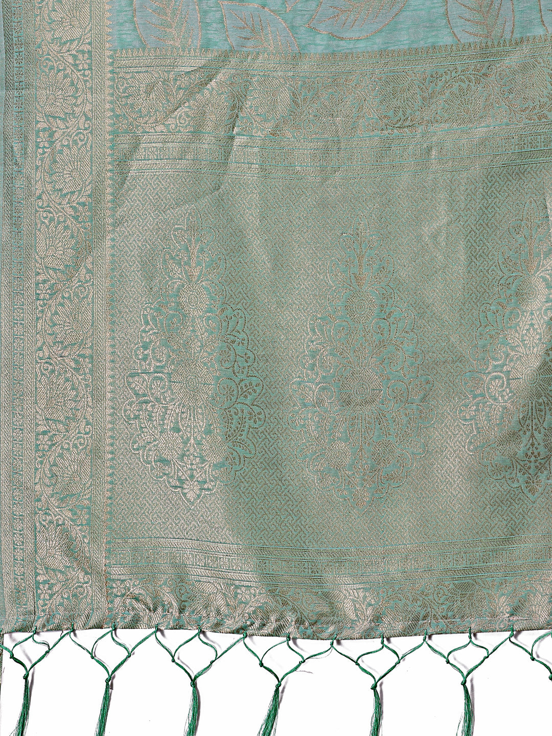 Astita Sea Green Linen Cotton Saree with Golden Zari Leaf Design & Elegant Pallu β Festive | Office | Daily Wear