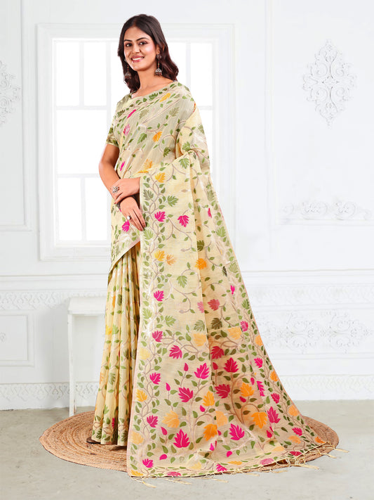 Astita Off White Floral Linen Cotton Saree with Zari Detailing & Printed Pallu – Lightweight Traditional Saree for Festive & Daily Elegance