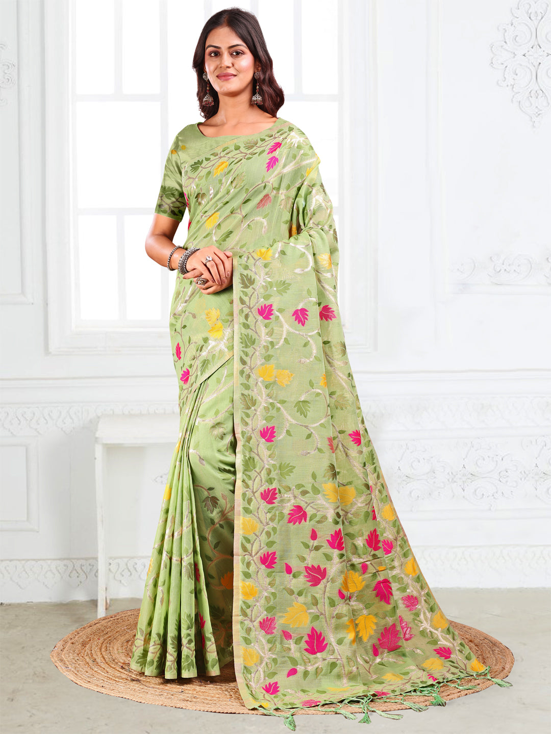 Astita Light Green Floral Linen Cotton Saree with Zari Detailing & Printed Pallu – Lightweight Traditional Saree for Festive & Daily Elegance