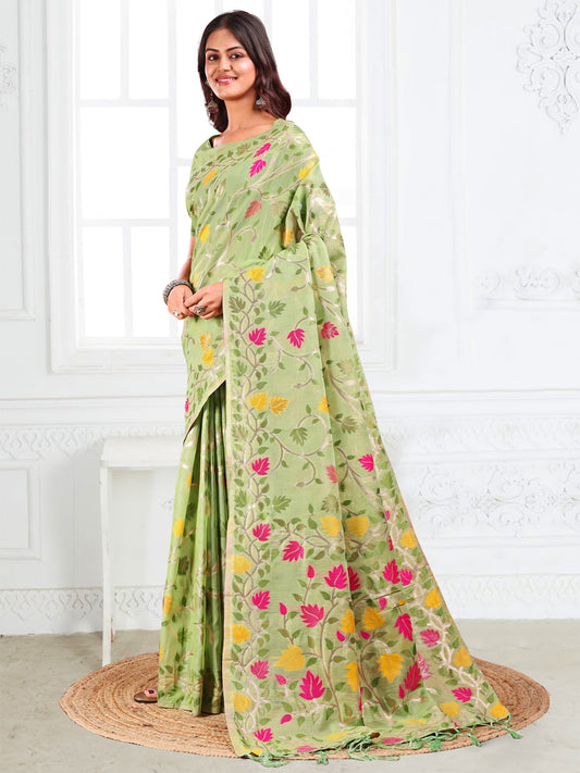 Astita Light Green Floral Linen Cotton Saree with Zari Detailing & Printed Pallu – Lightweight Traditional Saree for Festive & Daily Elegance