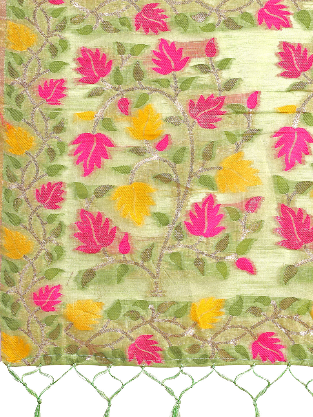 Astita Light Green Floral Linen Cotton Saree with Zari Detailing & Printed Pallu – Lightweight Traditional Saree for Festive & Daily Elegance