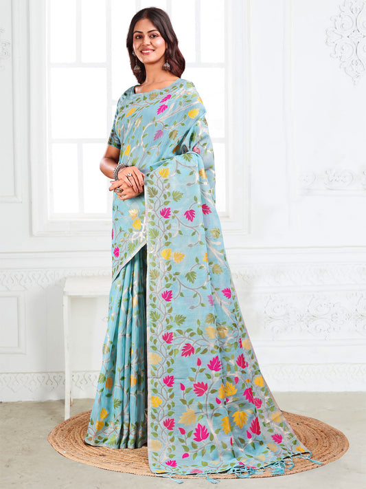 Astita Sky Blue Floral Linen Cotton Saree with Zari Detailing & Printed Pallu – Lightweight Traditional Saree for Festive & Daily Elegance