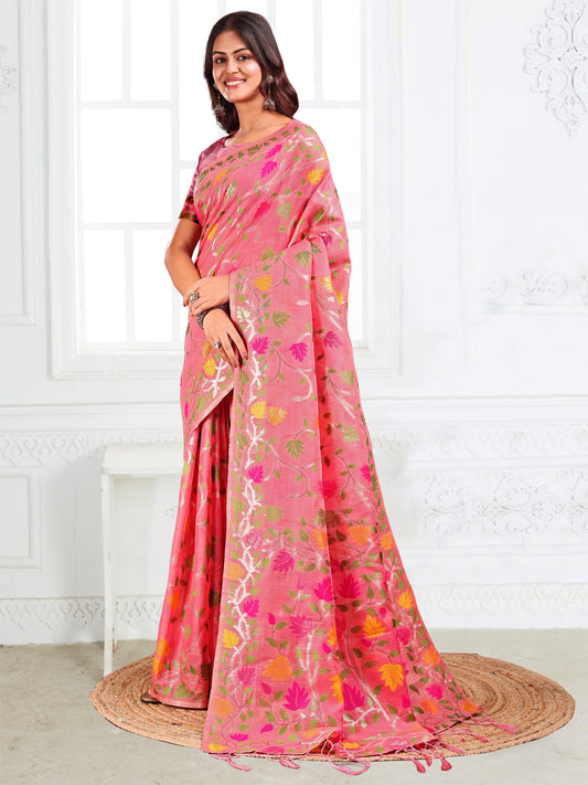 Astita Pink Floral Linen Cotton Saree with Zari Detailing & Printed Pallu – Lightweight Traditional Saree for Festive & Daily Elegance