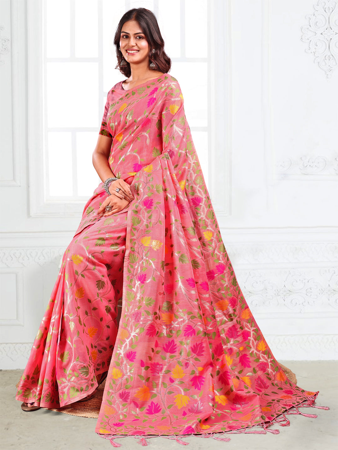 Astita Pink Floral Linen Cotton Saree with Zari Detailing & Printed Pallu – Lightweight Traditional Saree for Festive & Daily Elegance
