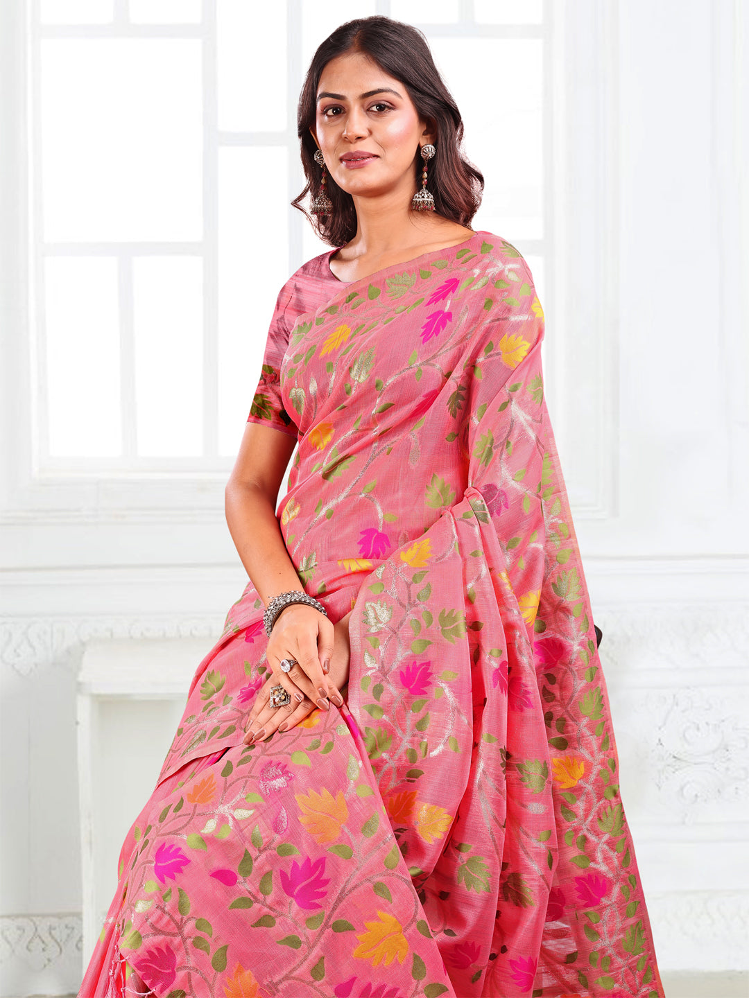 Astita Pink Floral Linen Cotton Saree with Zari Detailing & Printed Pallu – Lightweight Traditional Saree for Festive & Daily Elegance