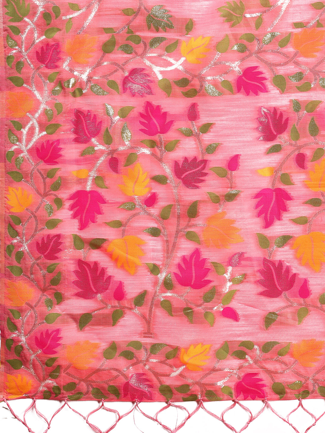 Astita Pink Floral Linen Cotton Saree with Zari Detailing & Printed Pallu – Lightweight Traditional Saree for Festive & Daily Elegance