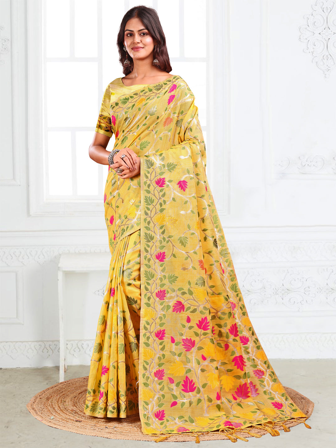 Astita Yellow Floral Linen Cotton Saree with Zari Detailing & Printed Pallu – Lightweight Traditional Saree for Festive & Daily Elegance