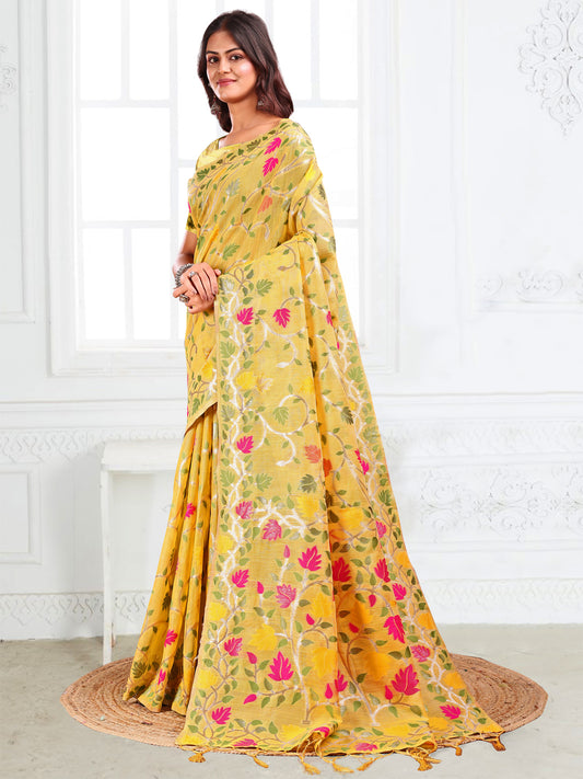 Astita Yellow Floral Linen Cotton Saree with Zari Detailing & Printed Pallu – Lightweight Traditional Saree for Festive & Daily Elegance