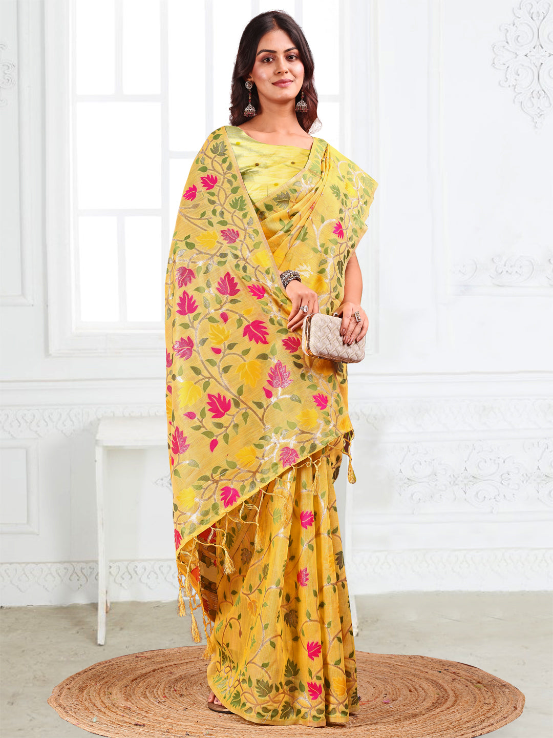 Astita Yellow Floral Linen Cotton Saree with Zari Detailing & Printed Pallu – Lightweight Traditional Saree for Festive & Daily Elegance
