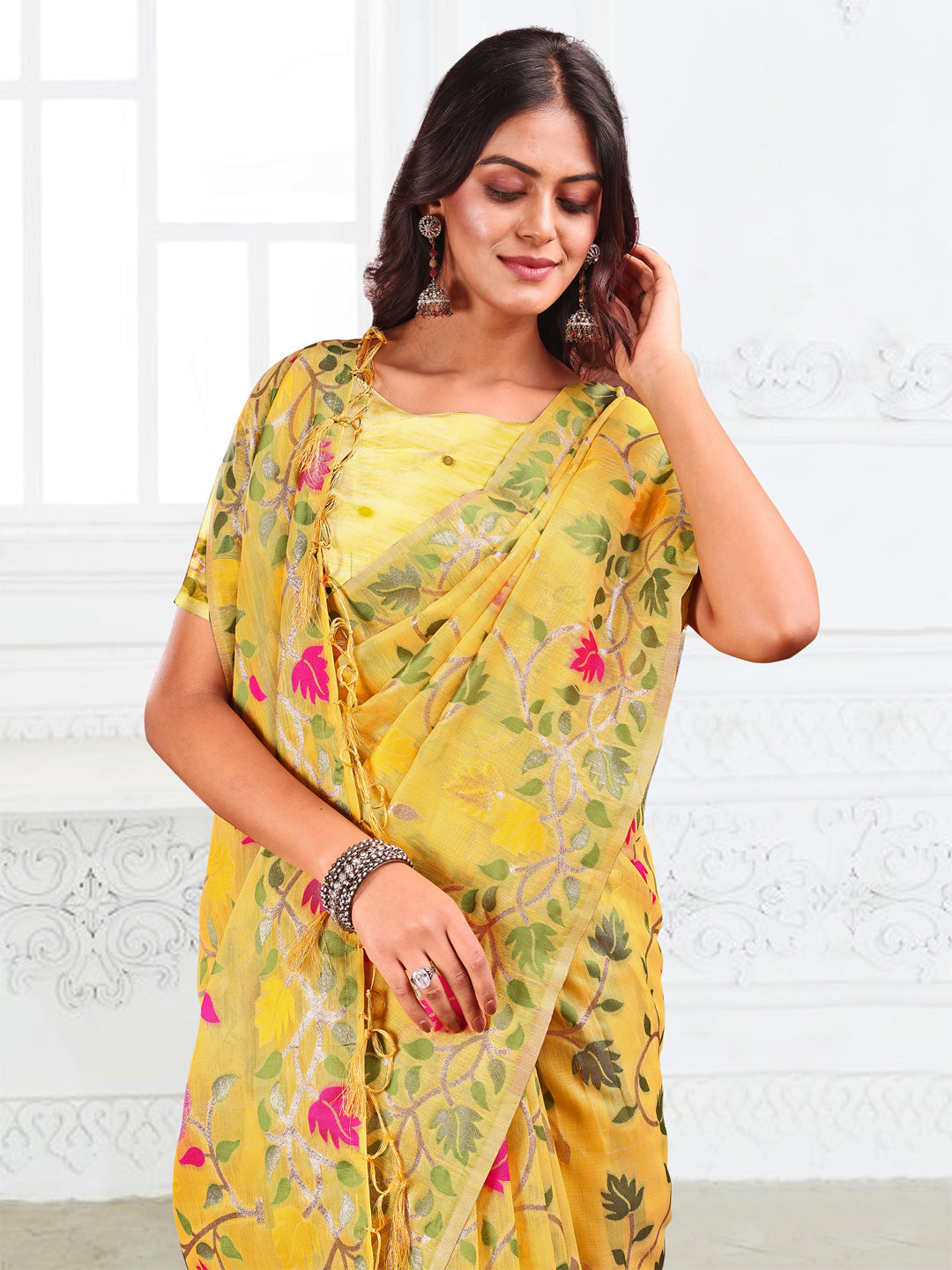 Astita Yellow Floral Linen Cotton Saree with Zari Detailing & Printed Pallu – Lightweight Traditional Saree for Festive & Daily Elegance