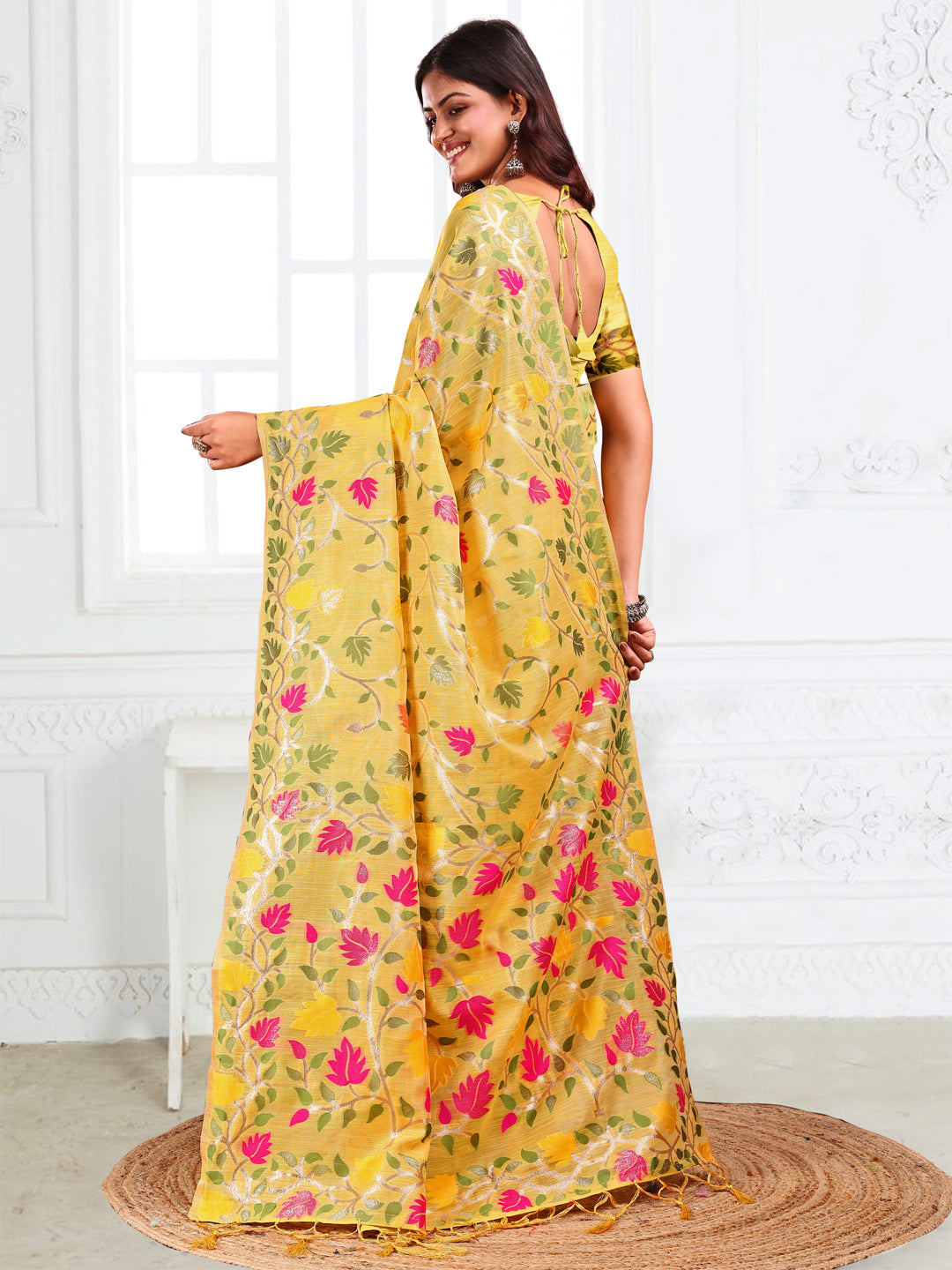 Astita Yellow Floral Linen Cotton Saree with Zari Detailing & Printed Pallu – Lightweight Traditional Saree for Festive & Daily Elegance