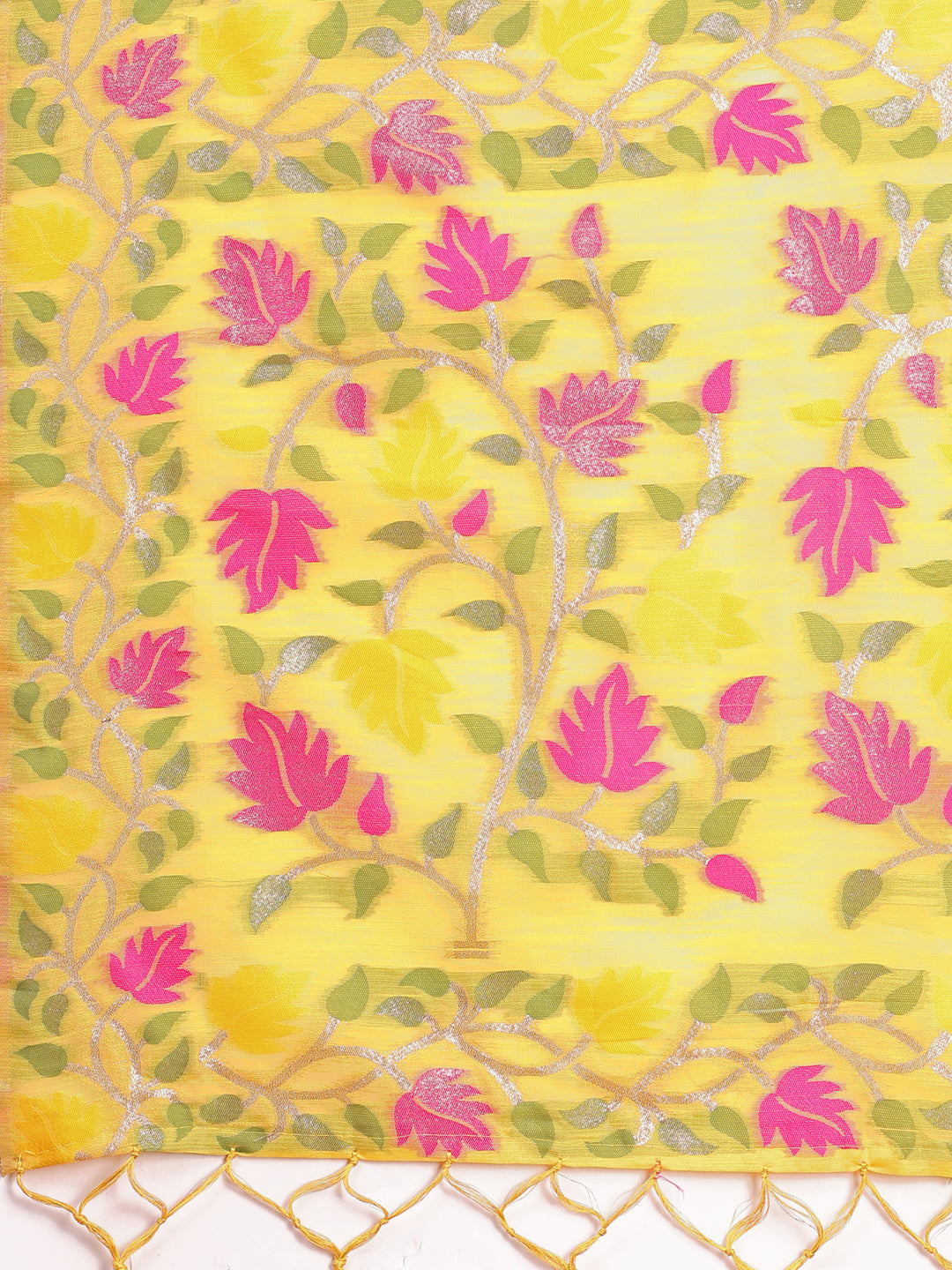 Astita Yellow Floral Linen Cotton Saree with Zari Detailing & Printed Pallu – Lightweight Traditional Saree for Festive & Daily Elegance