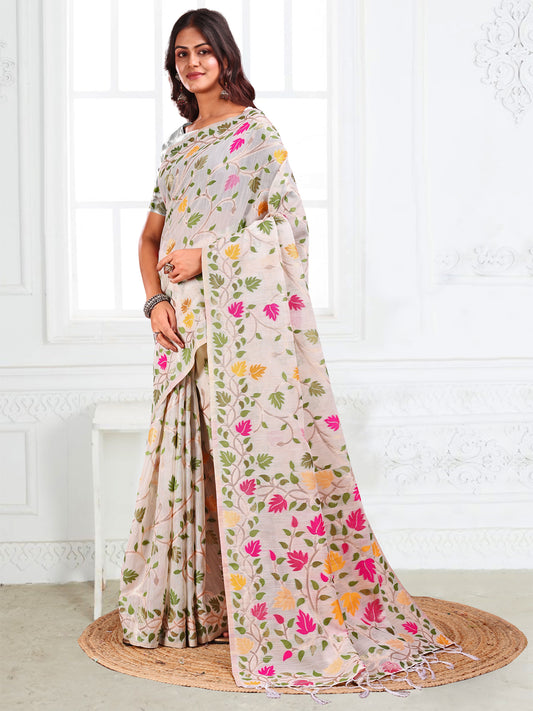 Astita White Floral Linen Cotton Saree with Zari Detailing & Printed Pallu – Lightweight Traditional Saree for Festive & Daily Elegance