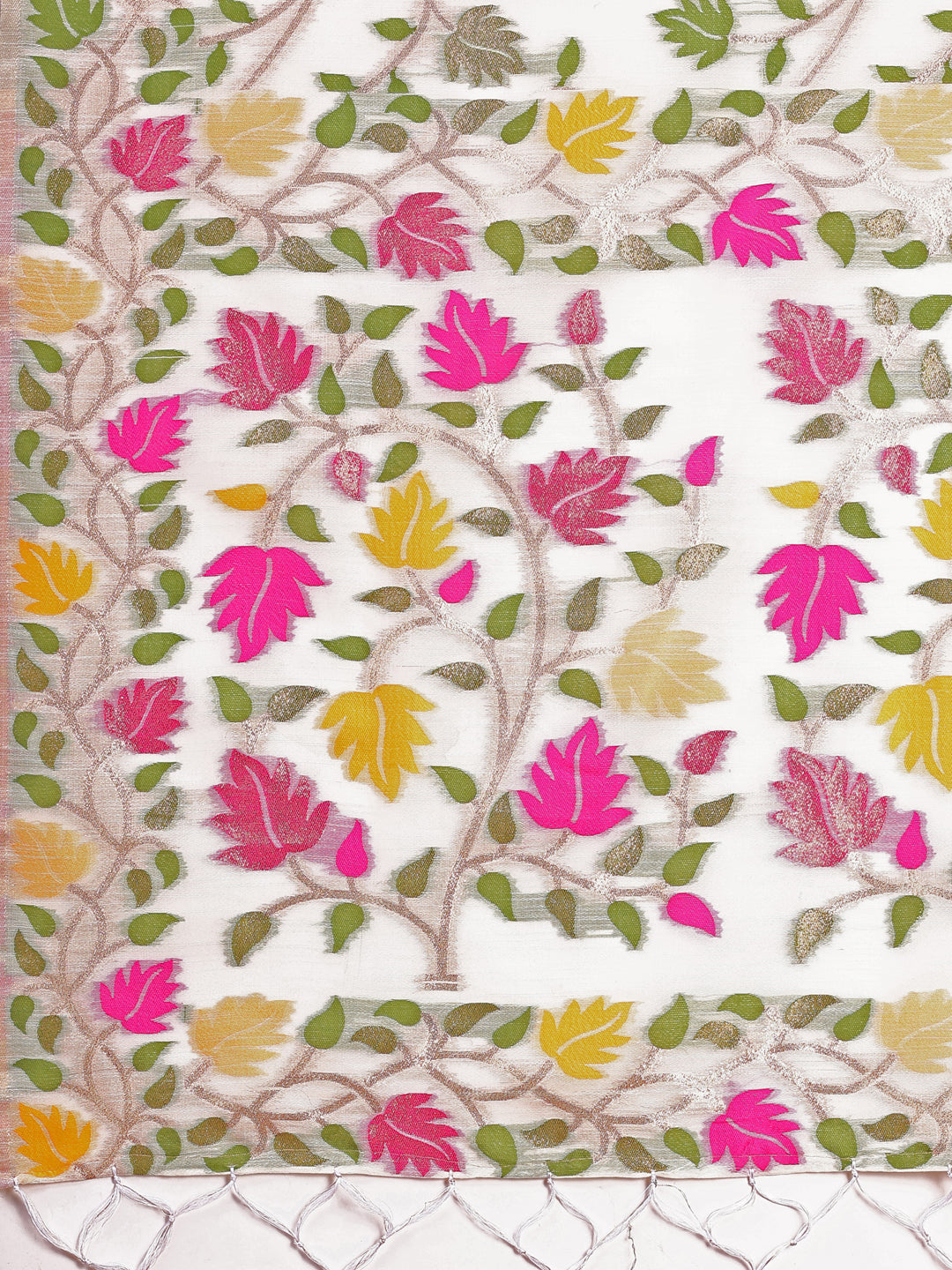Astita White Floral Linen Cotton Saree with Zari Detailing & Printed Pallu – Lightweight Traditional Saree for Festive & Daily Elegance