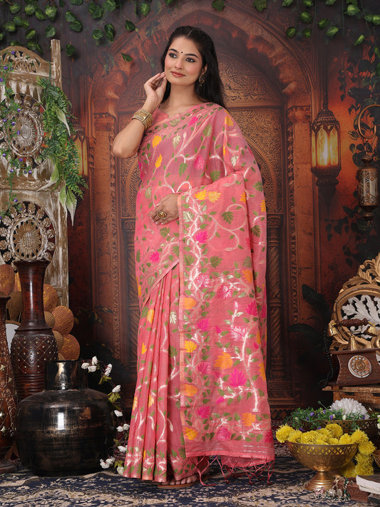 Astita Pink Floral Linen Cotton Saree with Zari Detailing & Printed Pallu Saree