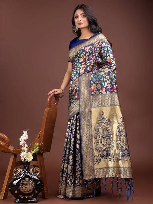 Astita Majestic Navy Blue Silk Saree with Gold Zari & Floral Design – Perfect for Festive & Traditional Occasions