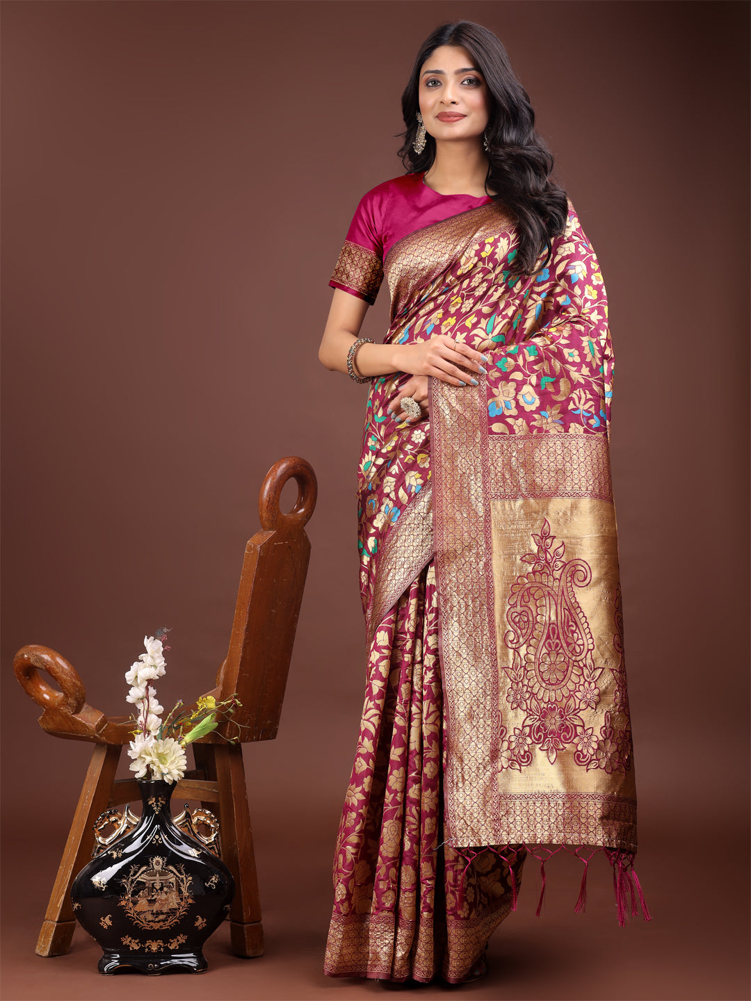 Astita Majestic Magenta Silk Saree with Gold Zari & Floral Design – Perfect for Festive & Traditional Occasions