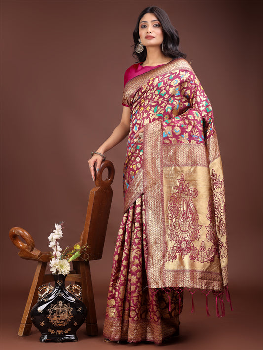 Astita Majestic Magenta Silk Saree with Gold Zari & Floral Design – Perfect for Festive & Traditional Occasions