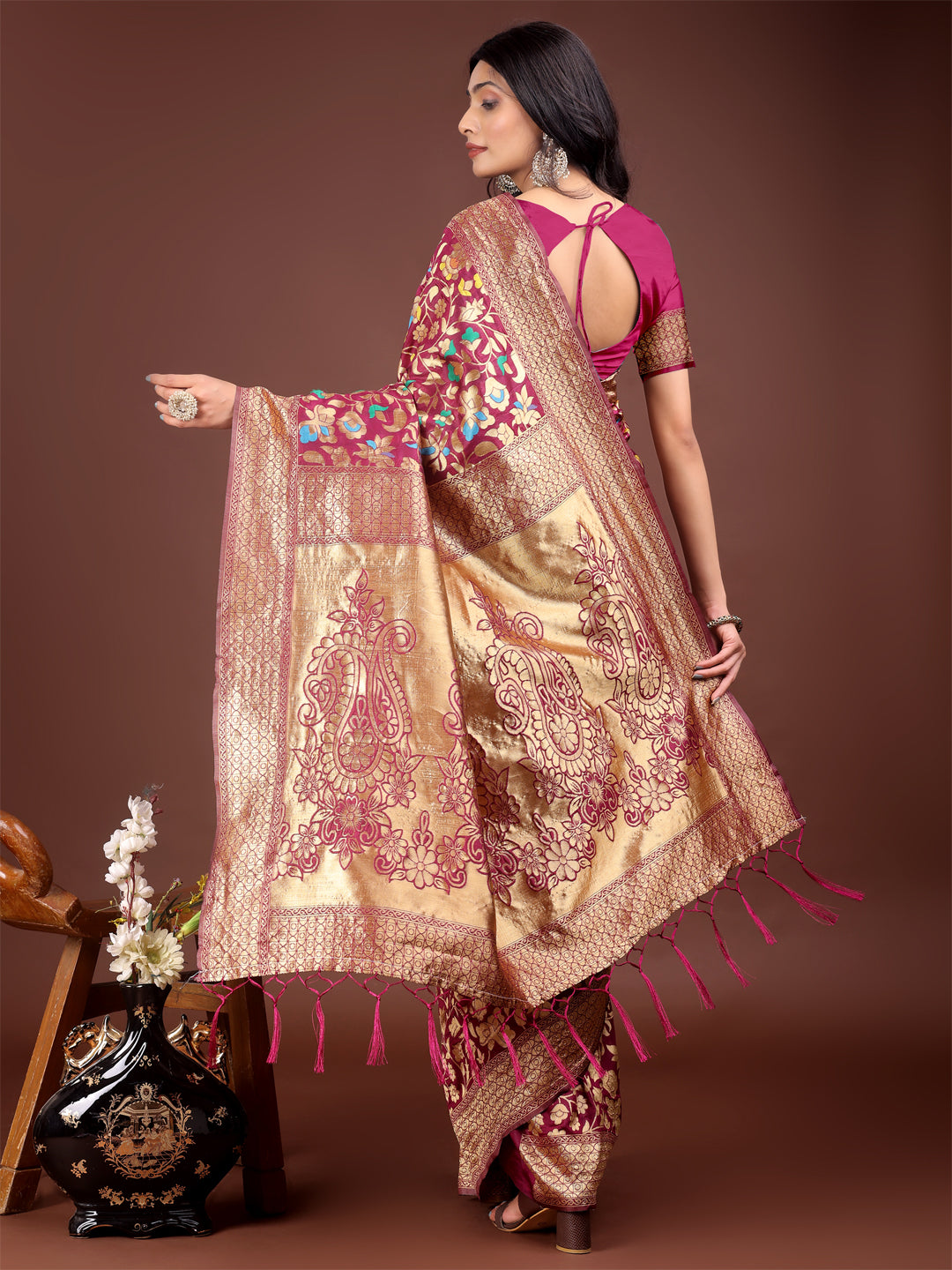 Astita Majestic Magenta Silk Saree with Gold Zari & Floral Design – Perfect for Festive & Traditional Occasions