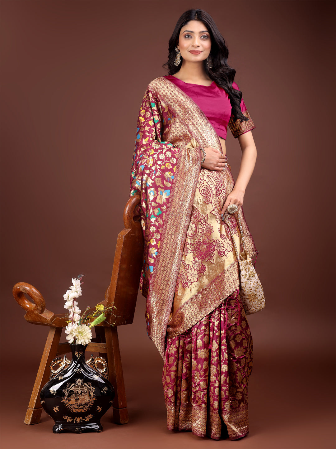 Astita Majestic Magenta Silk Saree with Gold Zari & Floral Design – Perfect for Festive & Traditional Occasions