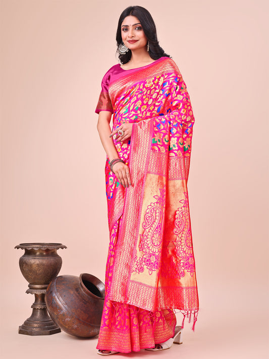 Astita Majestic Pink Silk Saree with Gold Zari & Floral Design – Perfect for Festive & Traditional Occasions