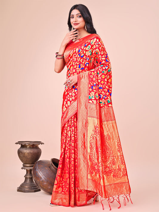 Astita Majestic Red Silk Saree with Gold Zari & Floral Design – Perfect for Festive & Traditional Occasions