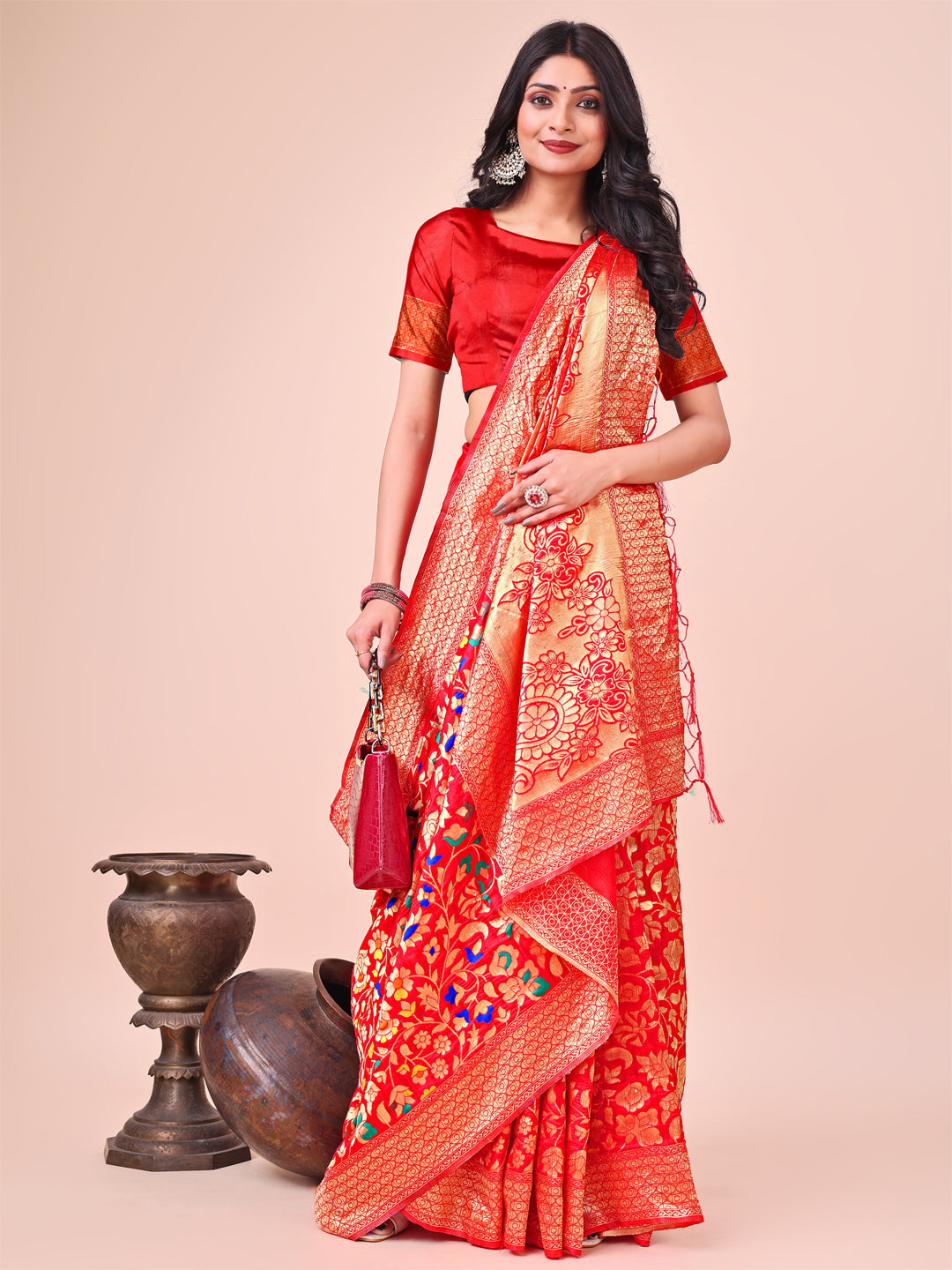Astita Majestic Red Silk Saree with Gold Zari & Floral Design – Perfect for Festive & Traditional Occasions