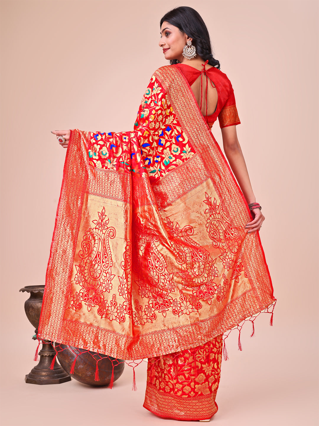 Astita Majestic Red Silk Saree with Gold Zari & Floral Design – Perfect for Festive & Traditional Occasions