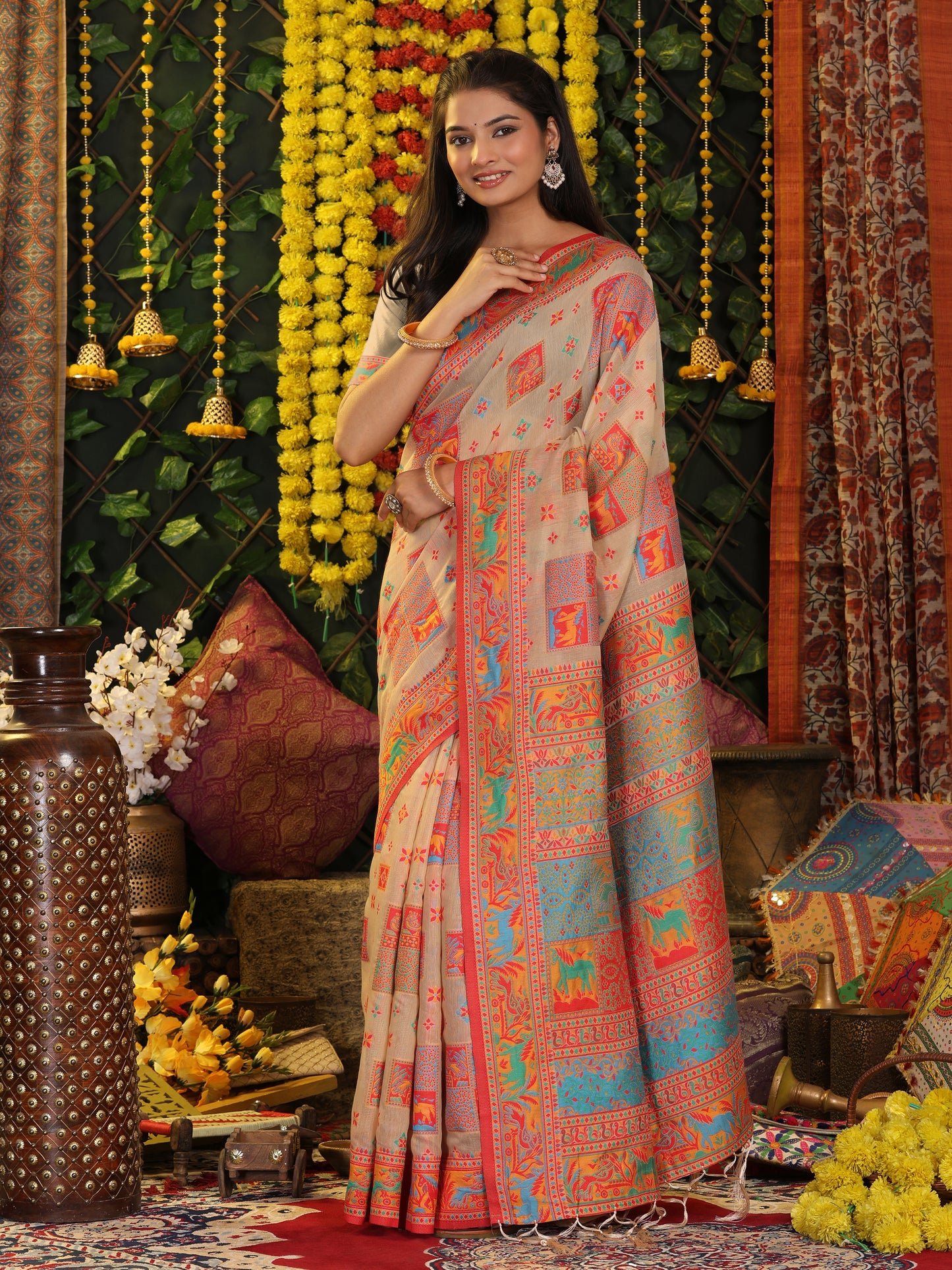 Astita Off White Linen Cotton Saree with Multicolor Ethnic Print – Soft & Lightweight Saree for Festive, Daily, and Office Wear