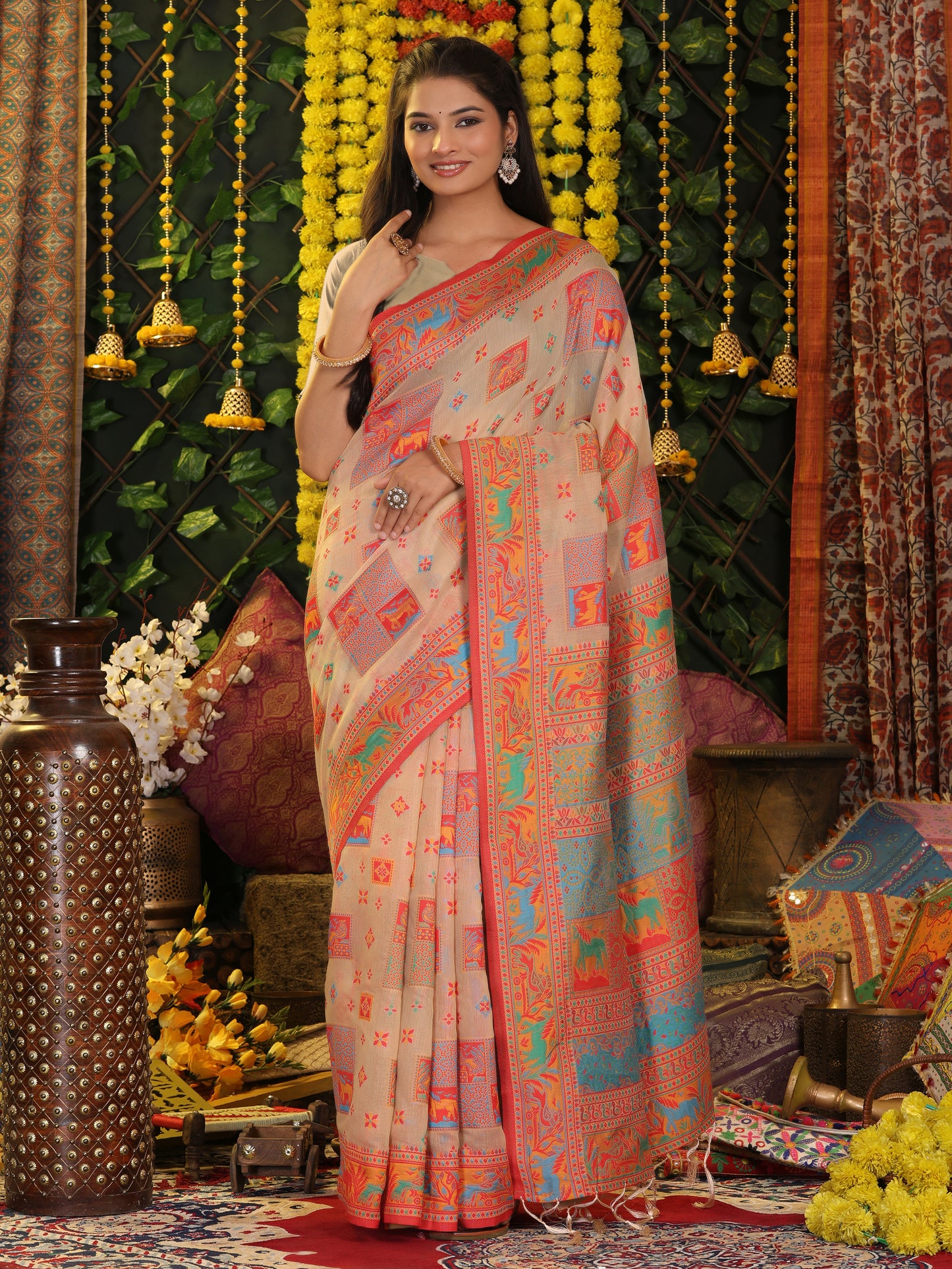 Astita Off White Linen Cotton Saree with Multicolor Ethnic Print – Soft & Lightweight Saree for Festive, Daily, and Office Wear